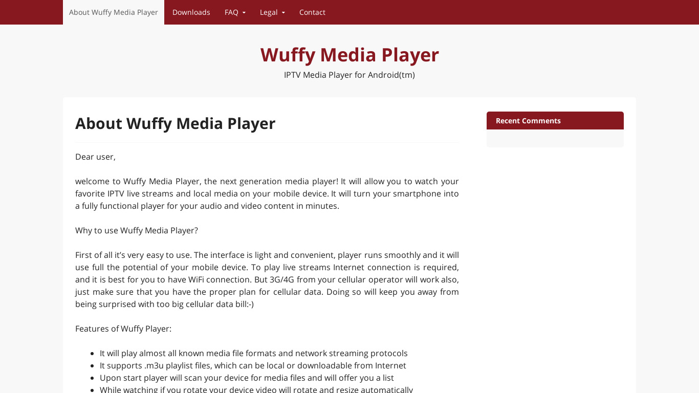 Wuffy Media Player Landing page