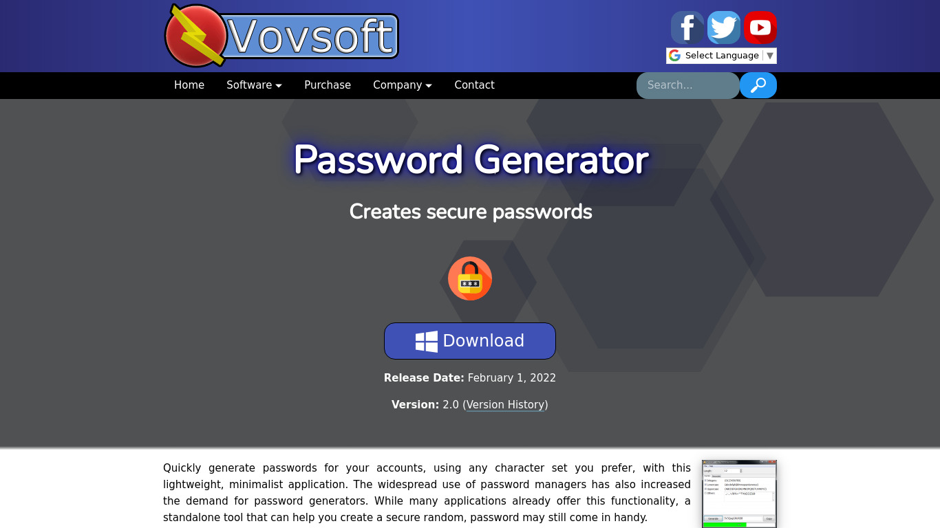 Vov Password Generator Landing page