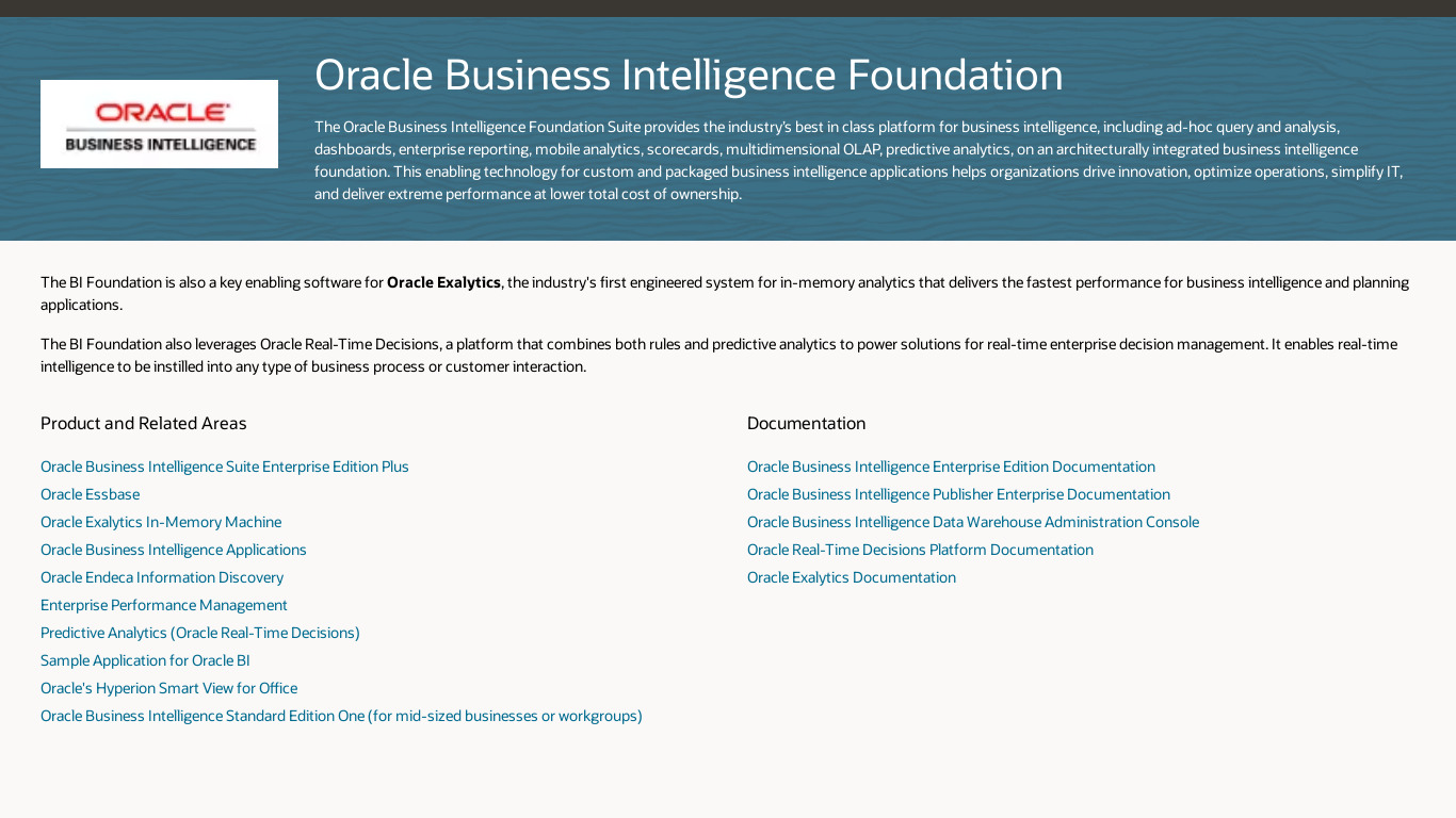 Oracle BI Foundation Suite Landing page