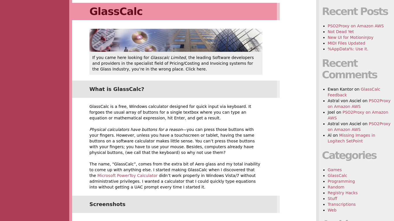 GlassCalc Landing page