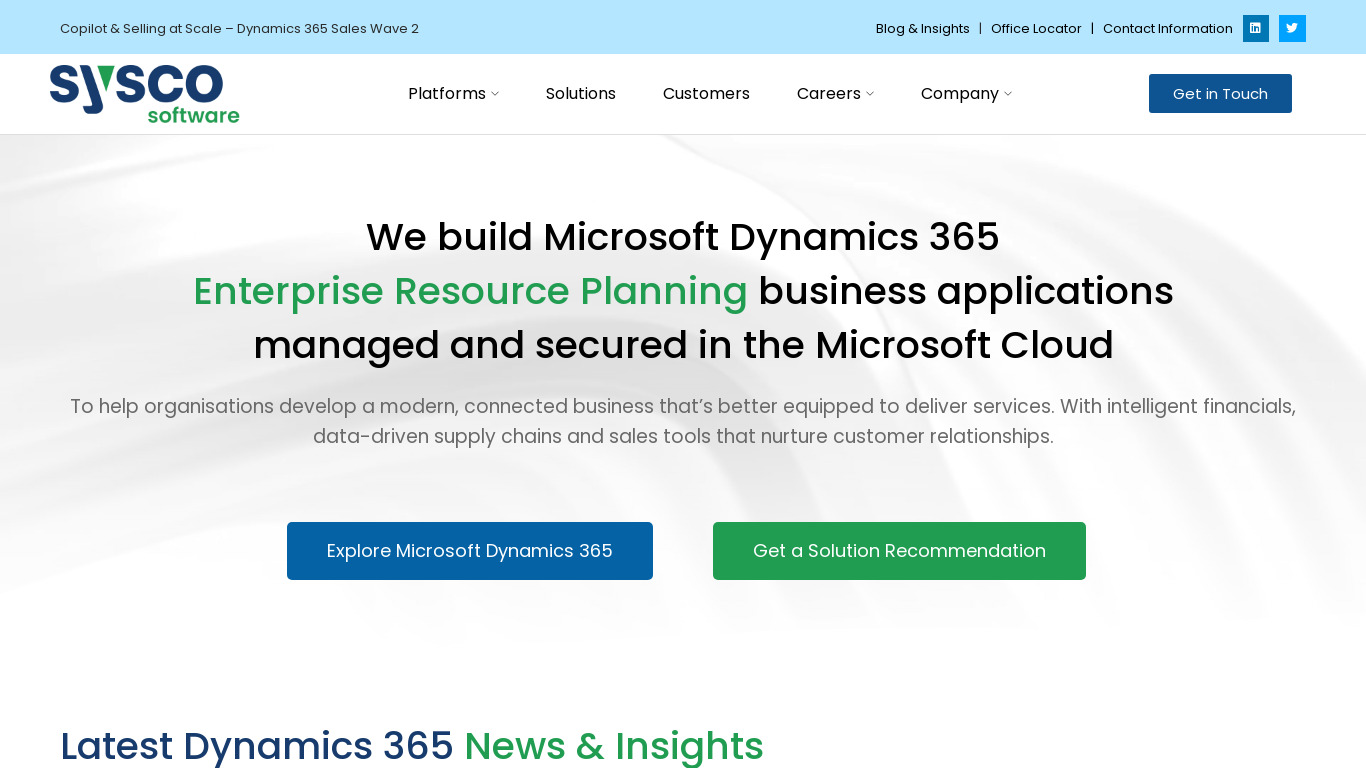 Sysco Software Solutions Landing page