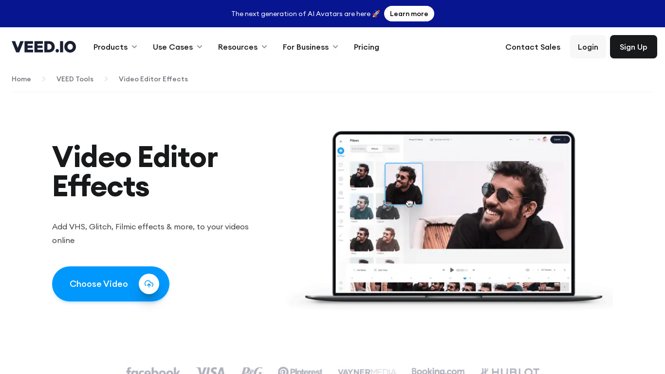 Video Effects Landing page