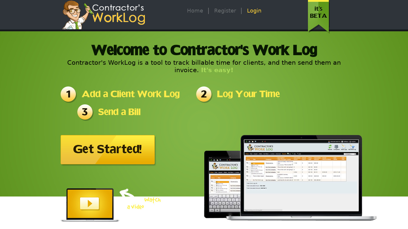 Contractor's Work Log Landing page