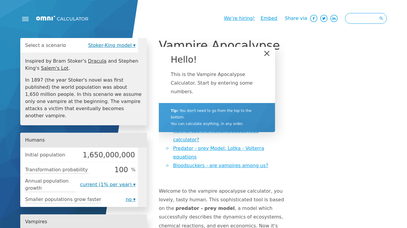 Vampire Apocalypse Calculator Landing page