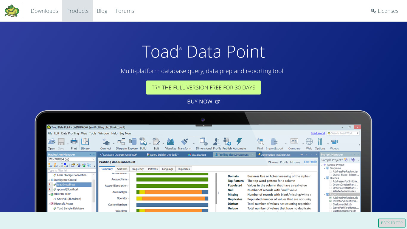 Toad Data Point Landing page