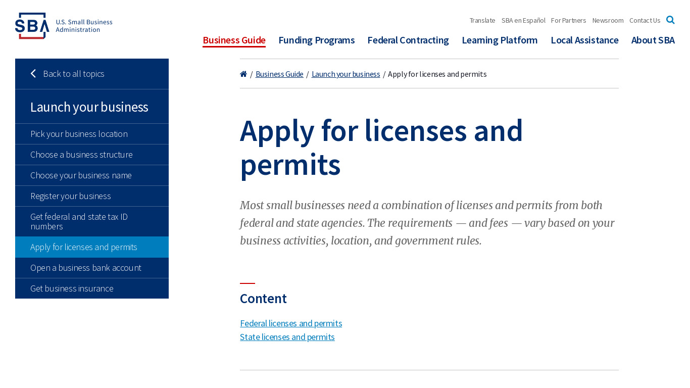 Business Licenses Landing page