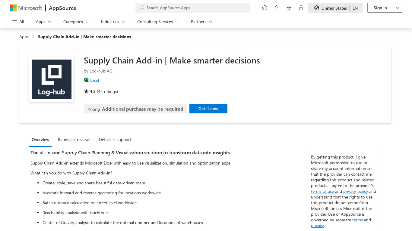 Supply Chain Add-in Landing page