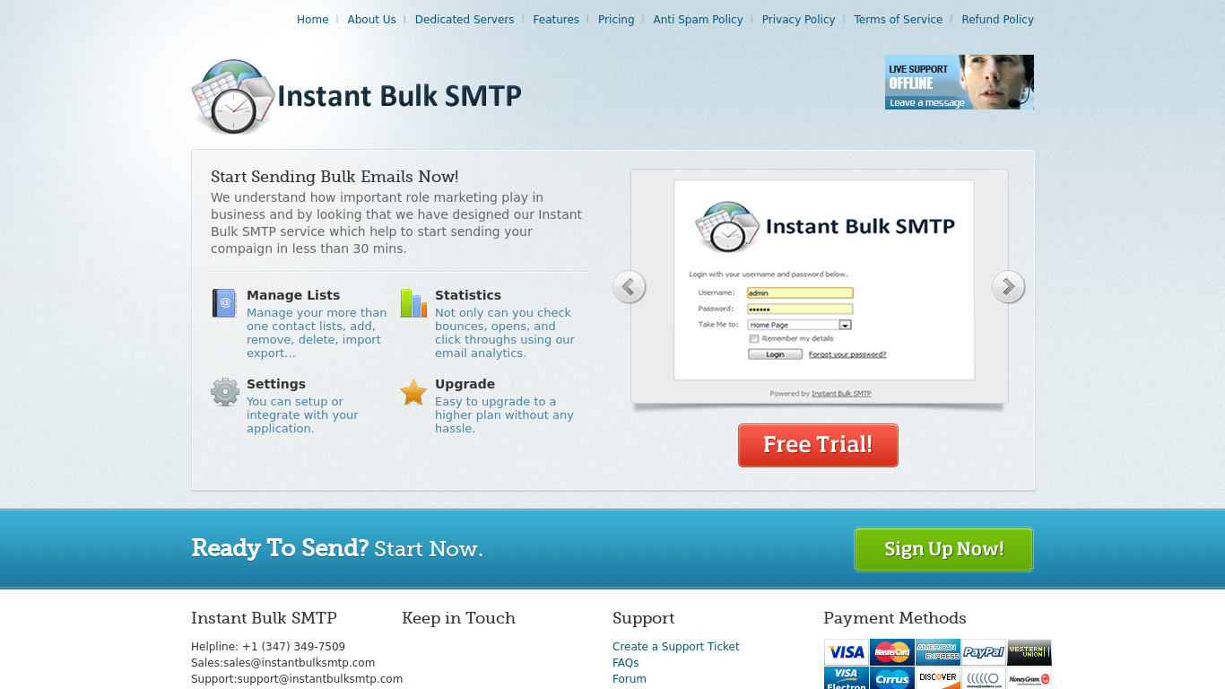 Instant Bulk SMTP Landing page