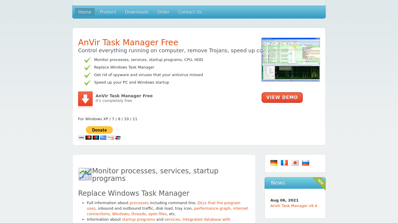 AnVir Task Manager Landing page