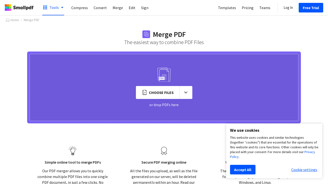 Merge PDF (by Smallpdf) Landing page