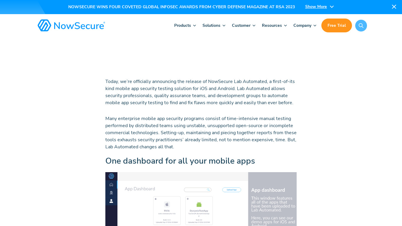 NowSecure Lab Automated Landing page