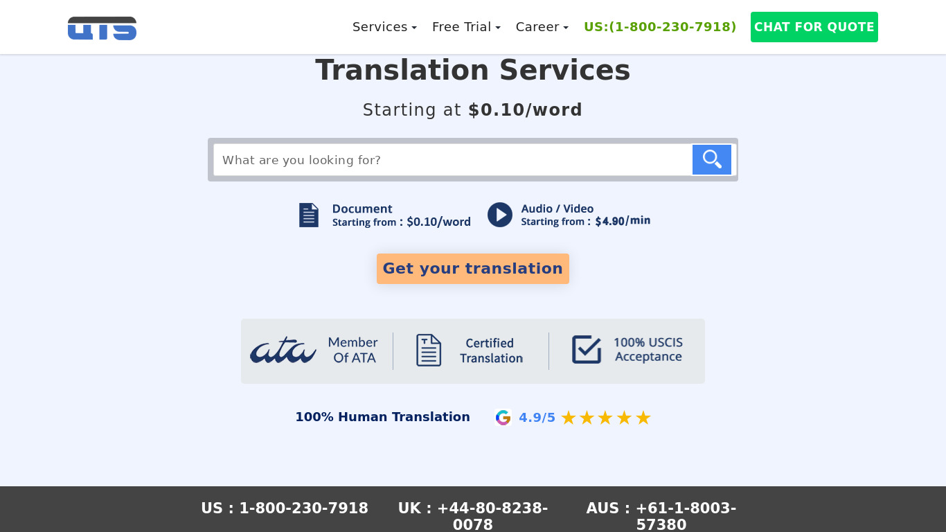 QuickTranslationService.com Landing page
