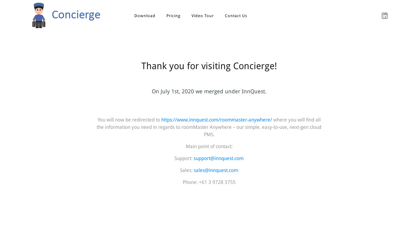 Concierge Front Office Software Landing page