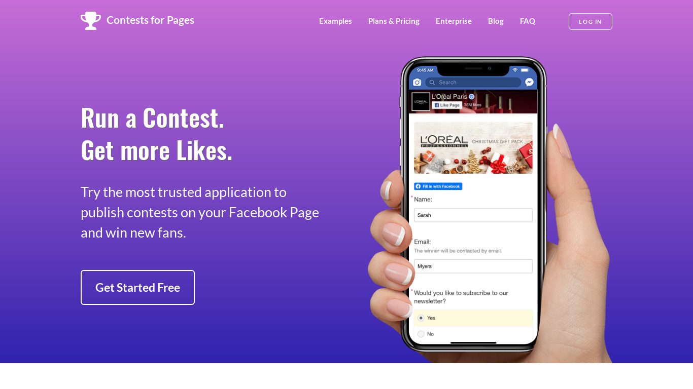 Contests for Pages Landing page