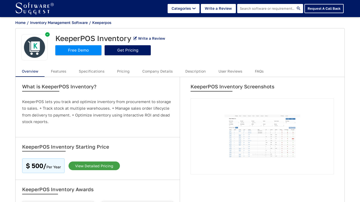 KeeperPOS Inventory Management Software Landing page