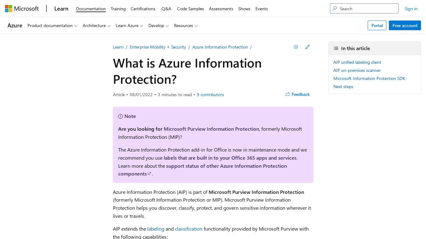 Azure Information Protection Landing page