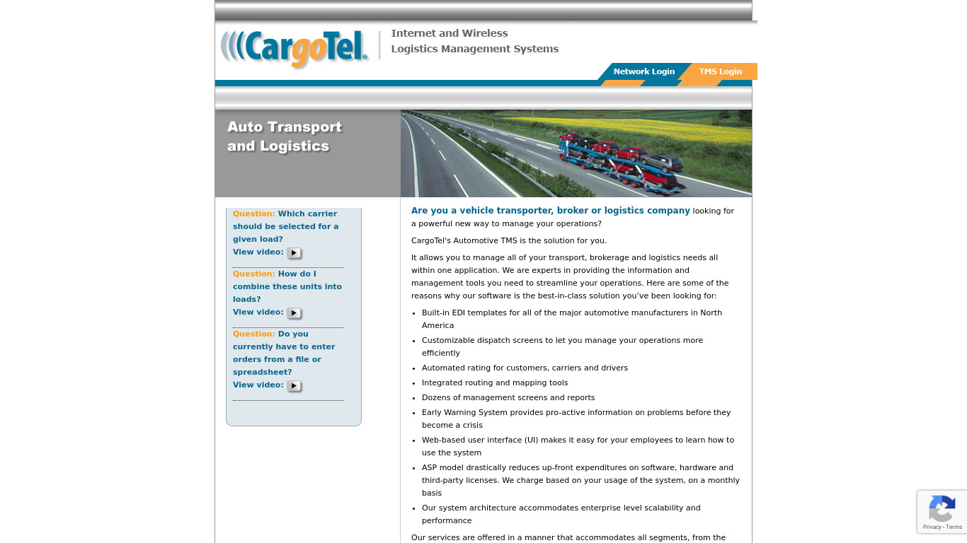 CargoTel TMS Landing page