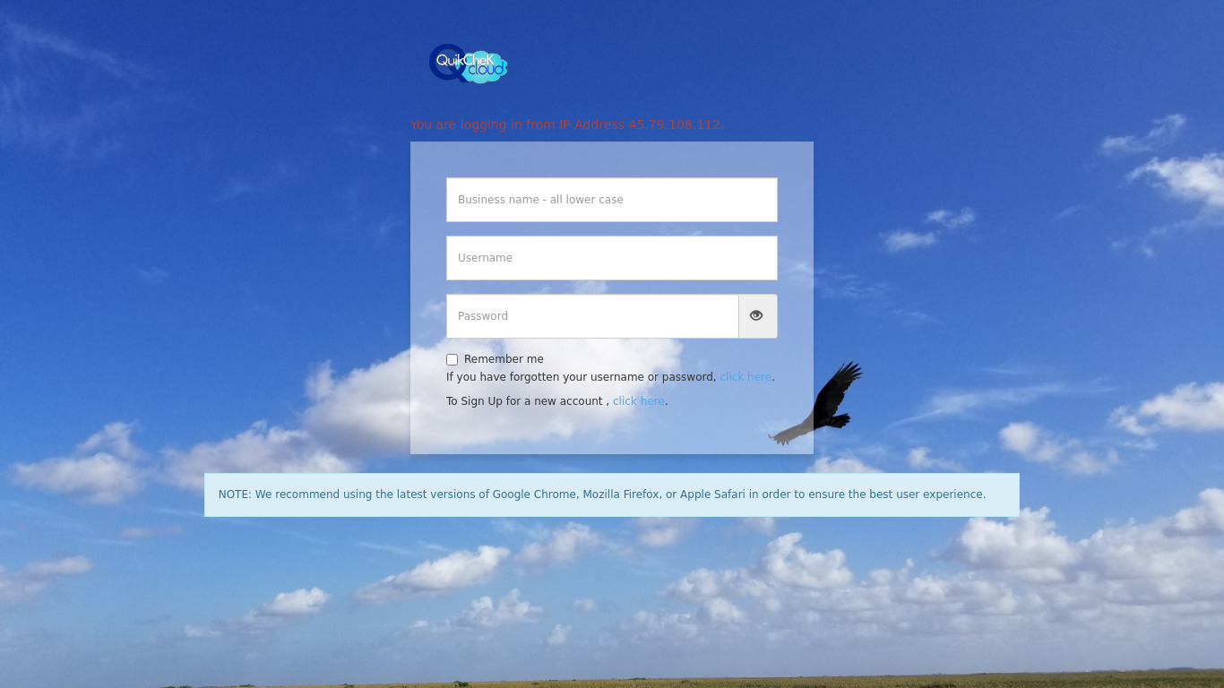 QuikCheK Cloud Landing page