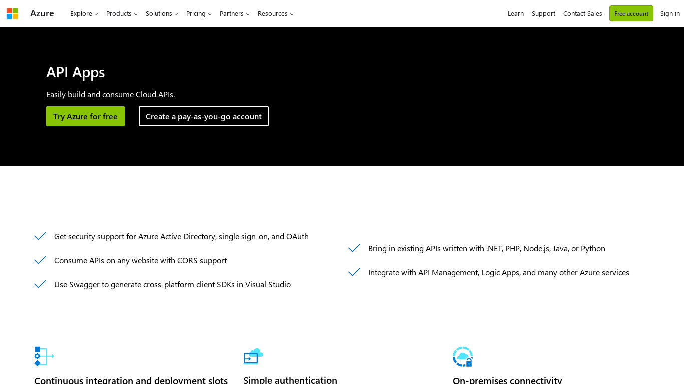 Azure API Apps Landing page