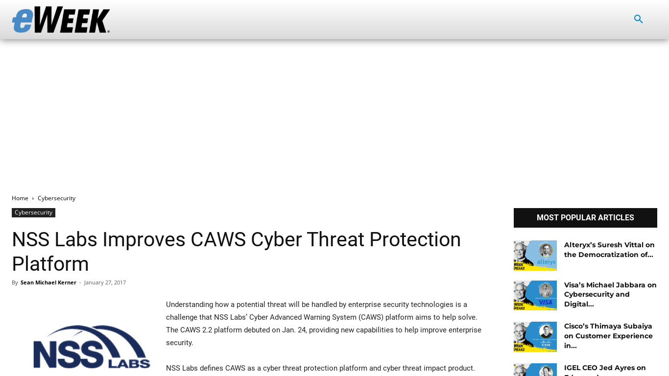 CAWS Cyber Threat Protection Platform Landing page
