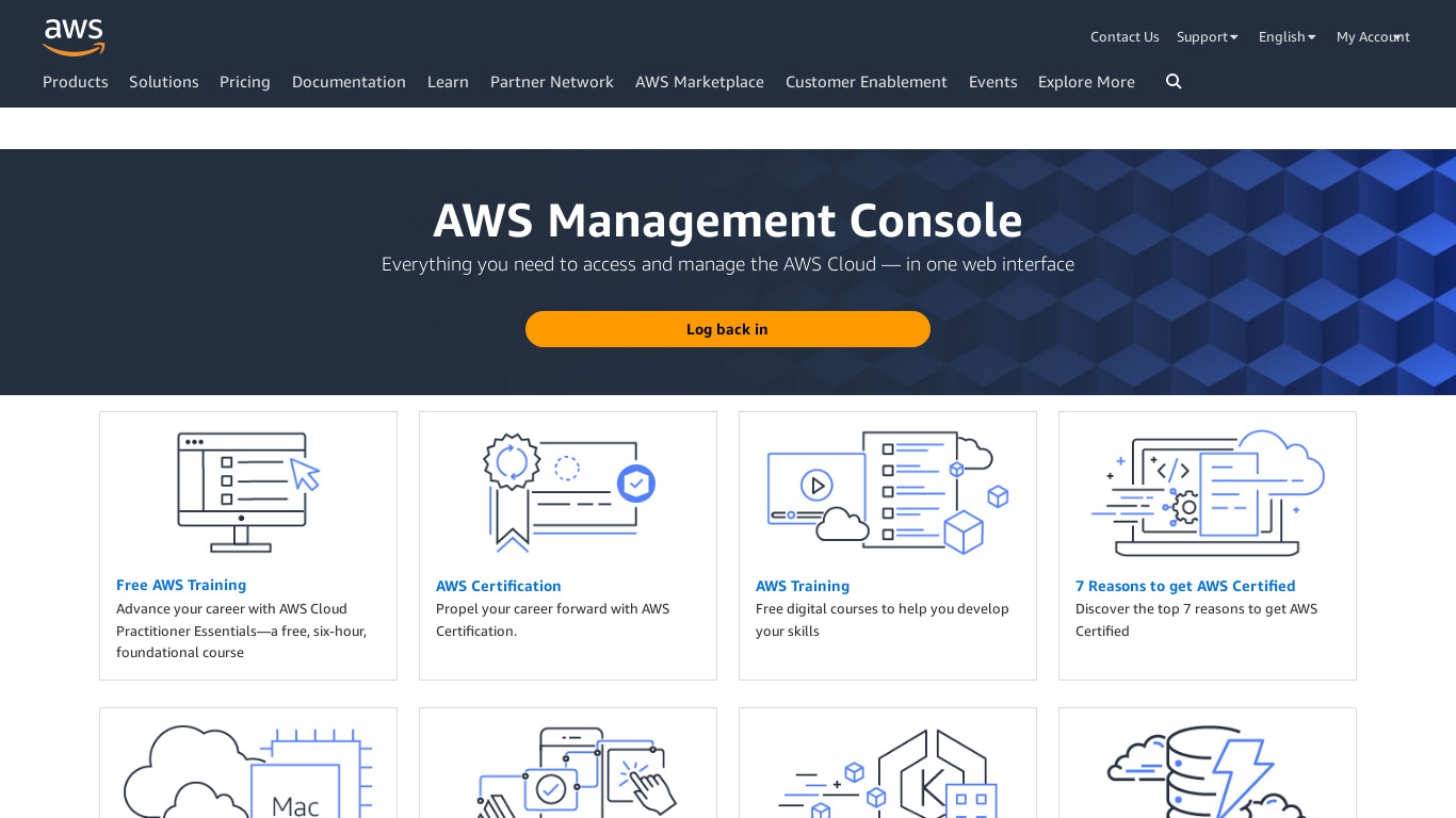 AWS Management Console Landing page