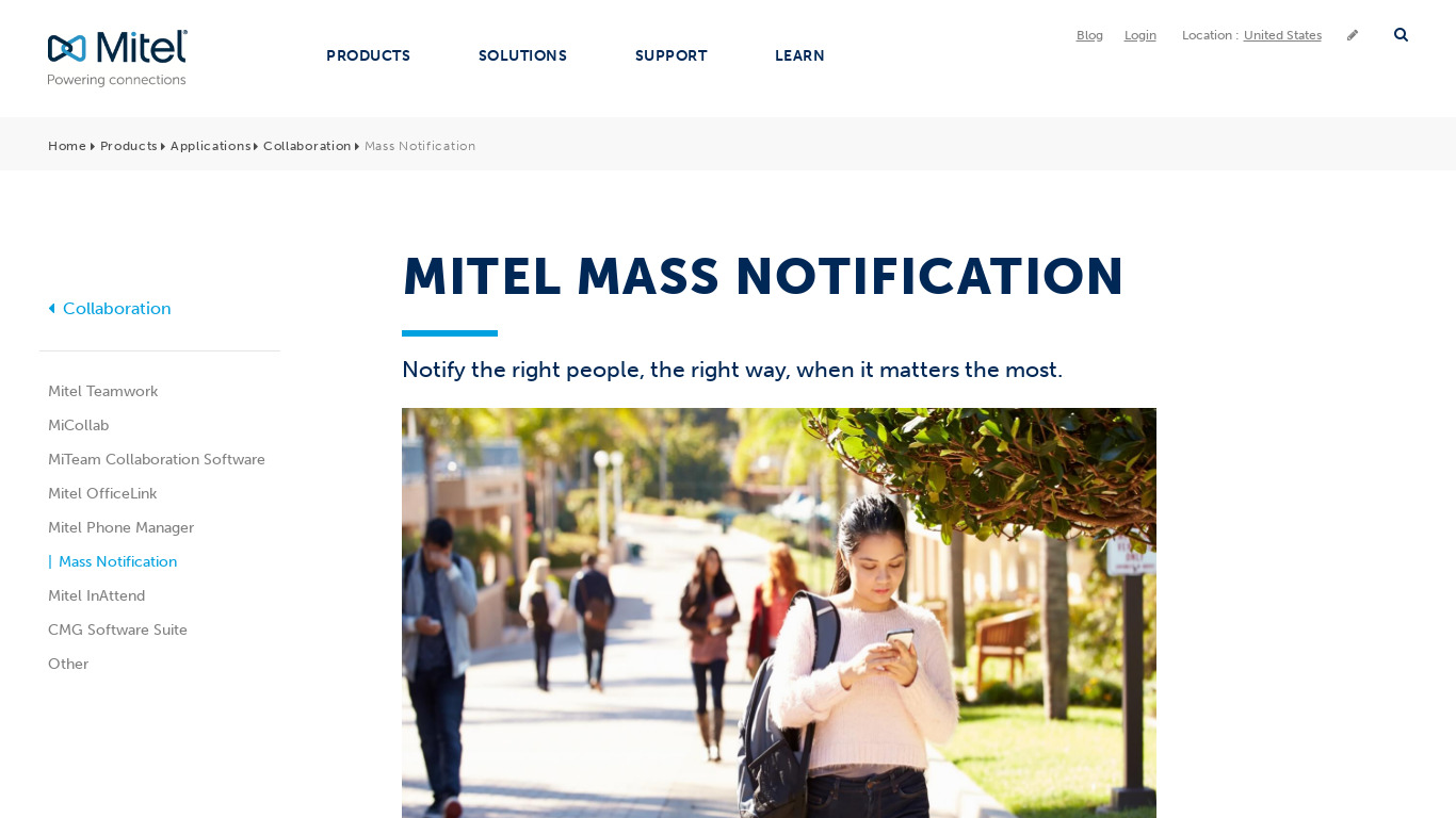 Mitel Mass Notifications Landing page