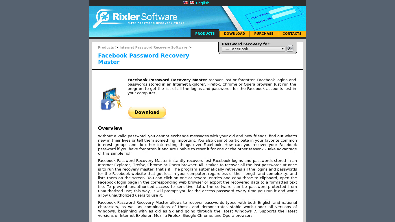 FaceBook Password Recovery Master Landing page