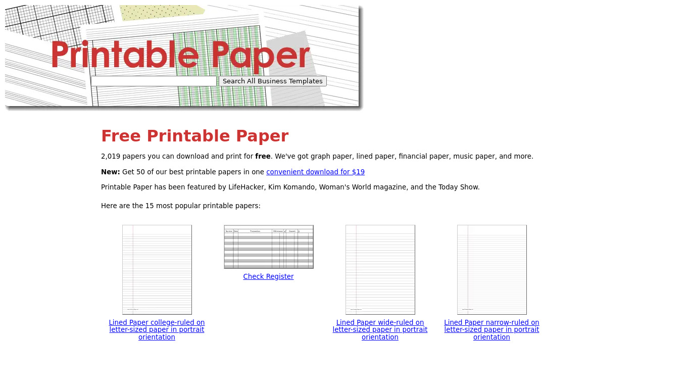 Printable Paper Landing page