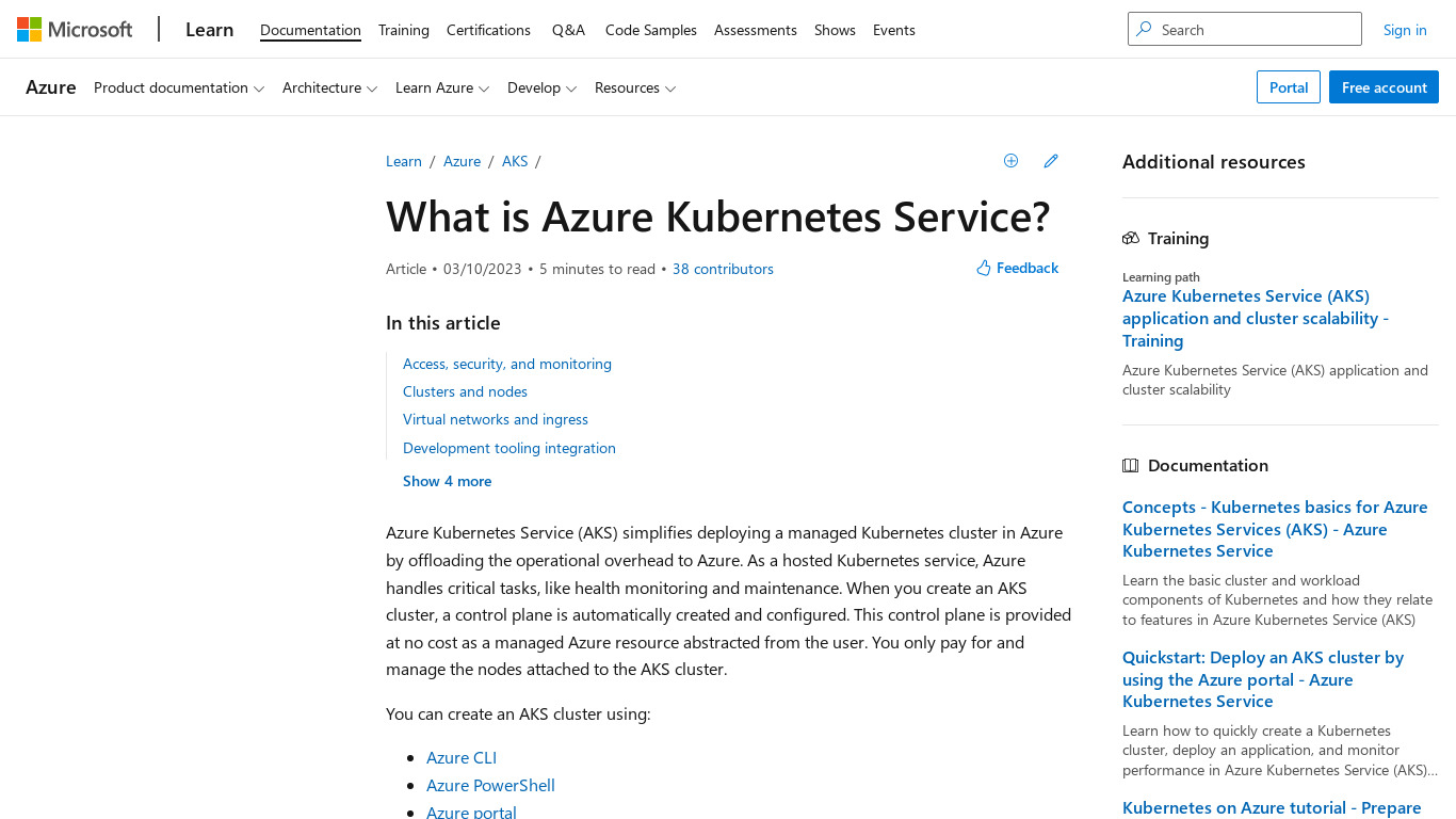 Azure Kubernetes Service Landing page