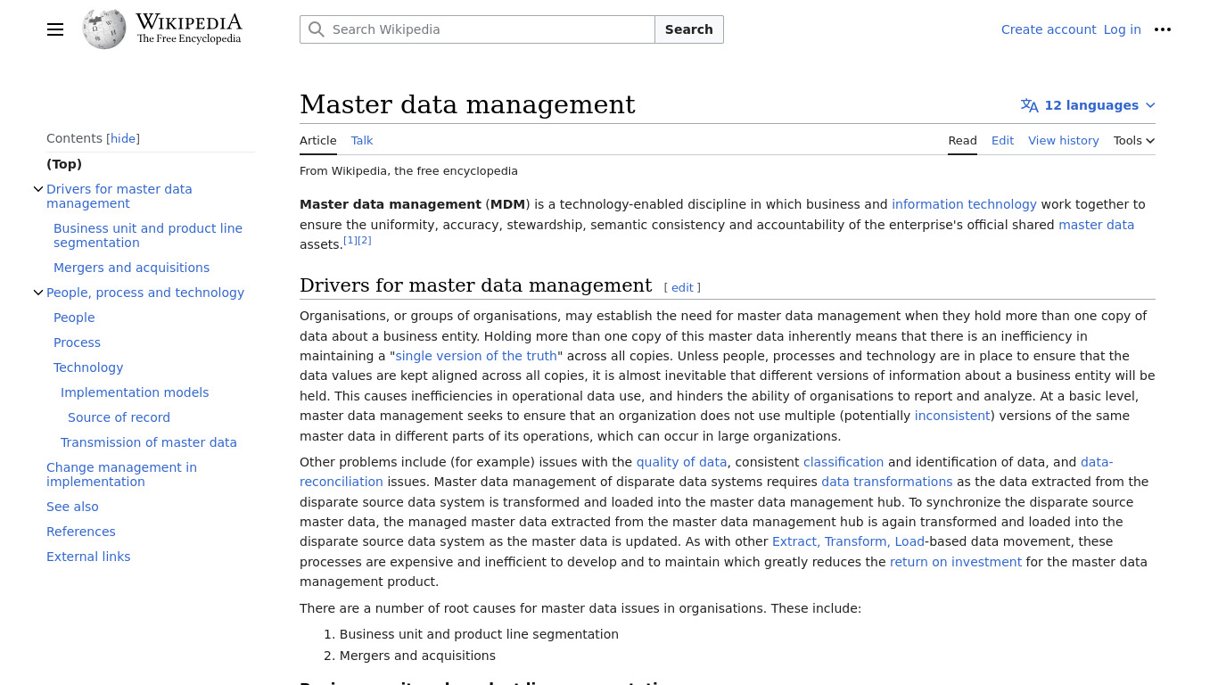 Master Data Management Landing page