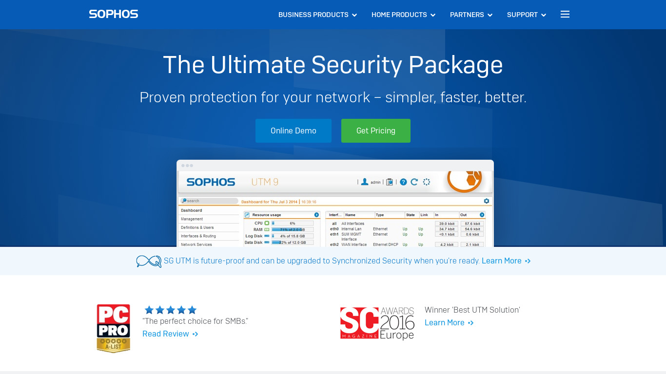 Sophos Unified Threat Management Landing page