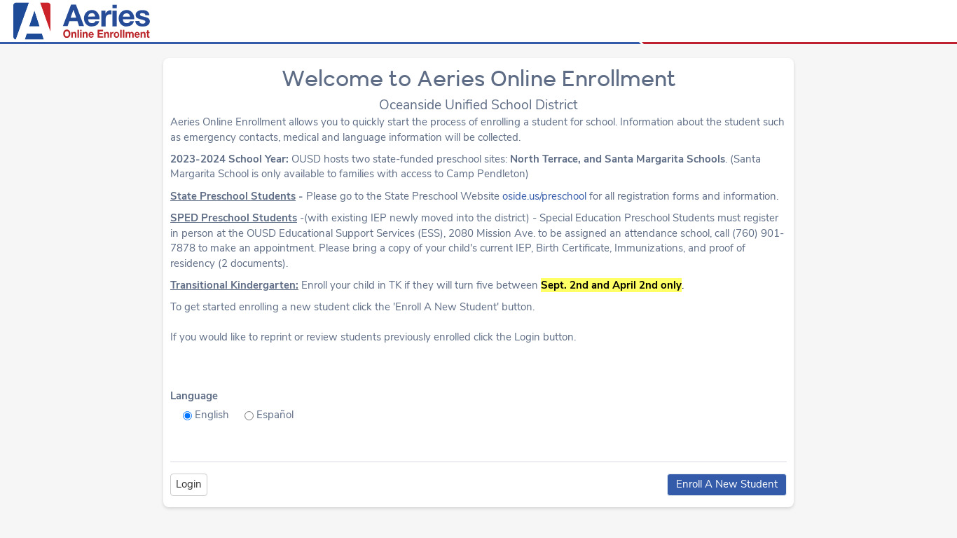 Aeries Online Enrollment Landing page