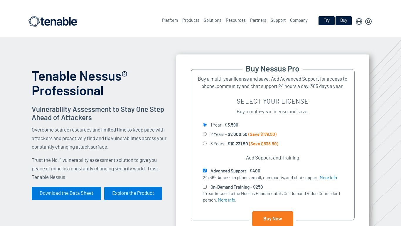 Nessus Vulnerability Scanner Landing page