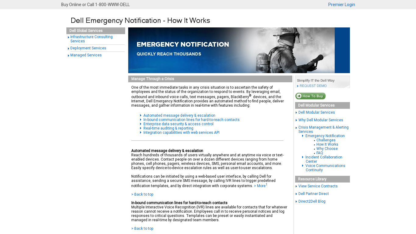 Dell Emergency Notification Landing page