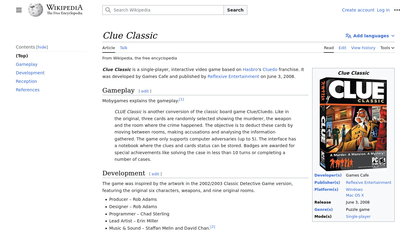 Clue Classic Landing page