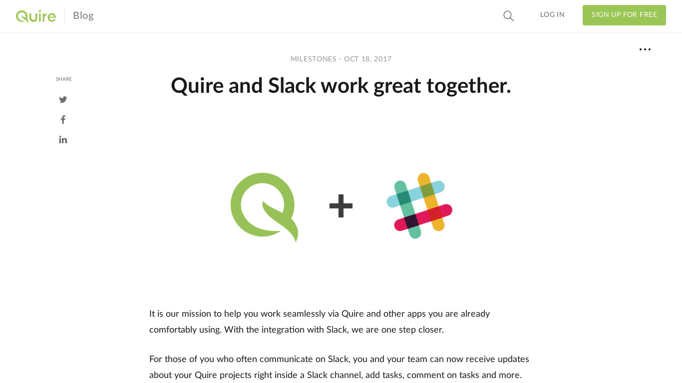 Quire for Slack Landing page