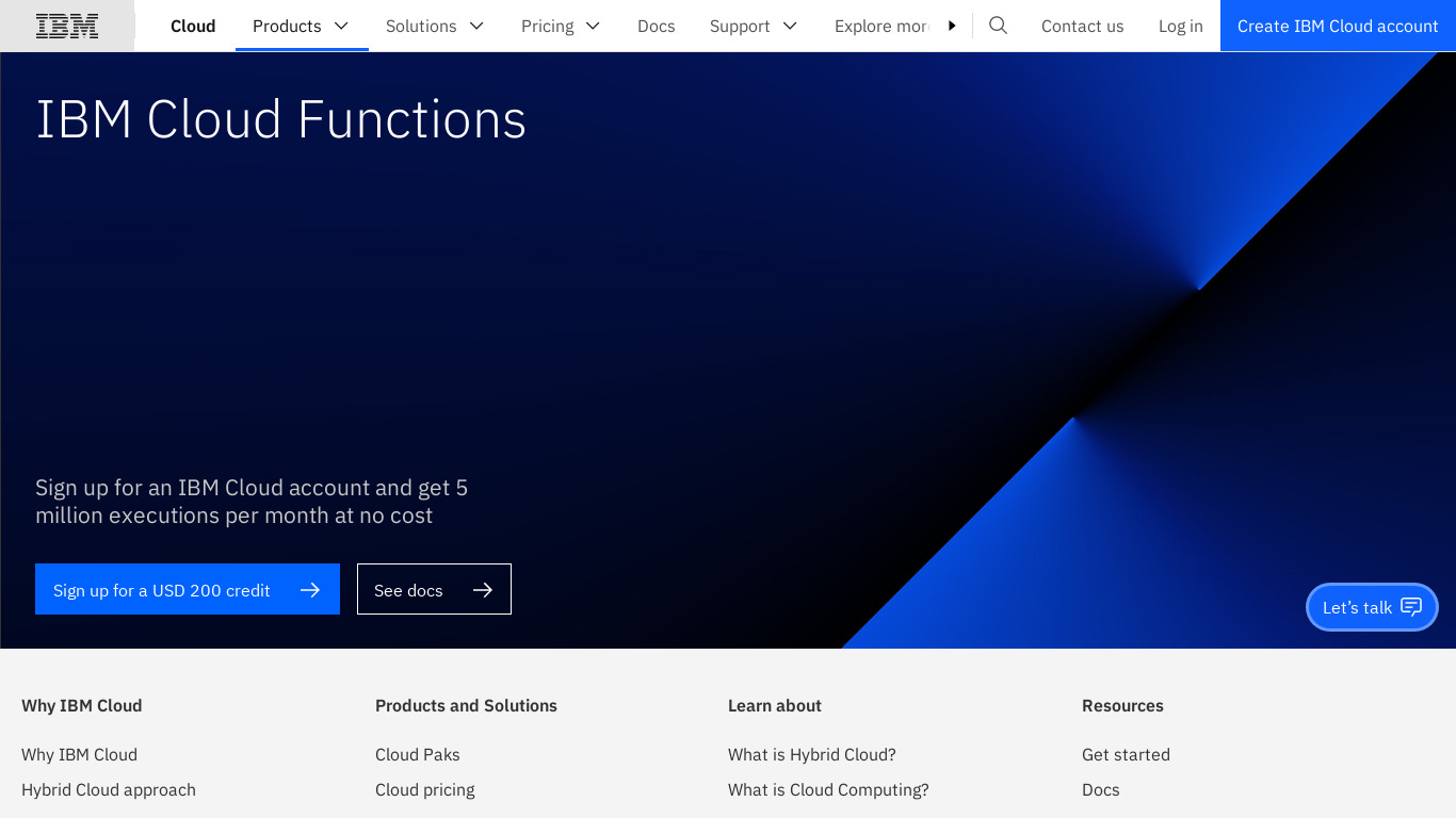 IBM Cloud Functions Landing page