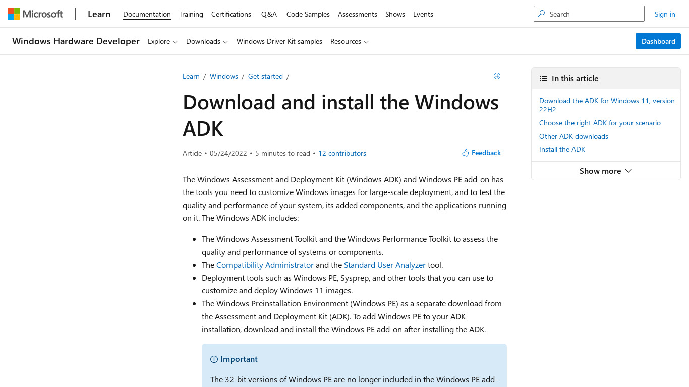 Windows Assessment and Deployment Kit Landing page