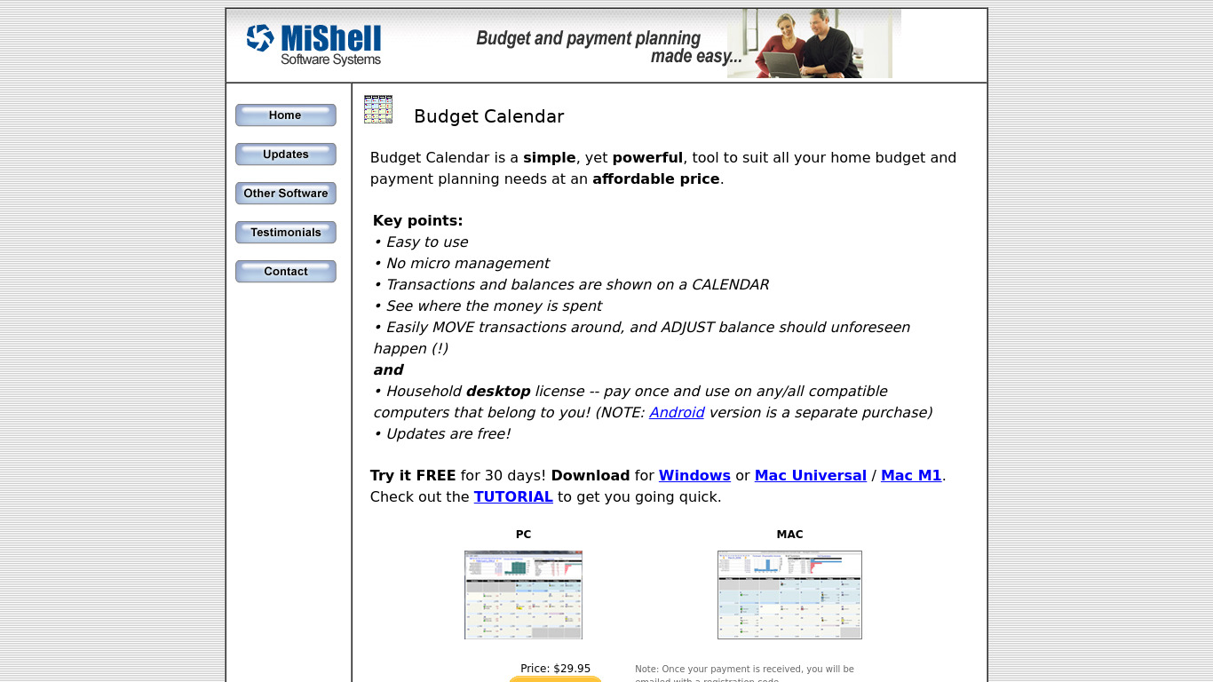 Budget Calendar Landing page