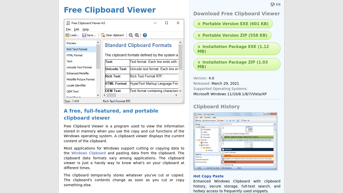 Free Clipboard Viewer Landing page
