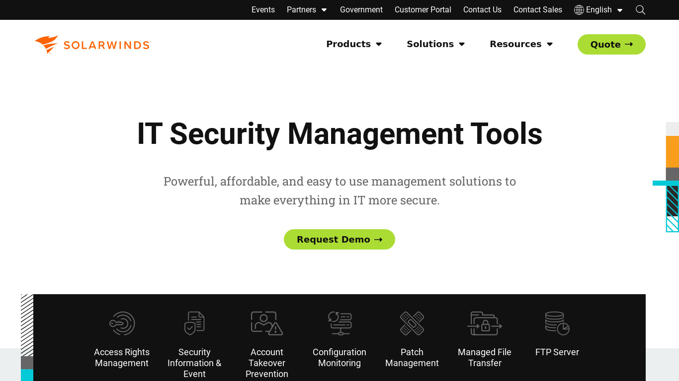SolarWinds IT Security Landing page