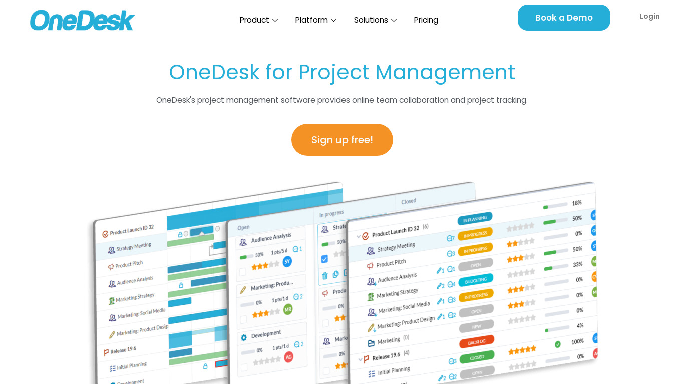 OneDesk for Project Management Landing page