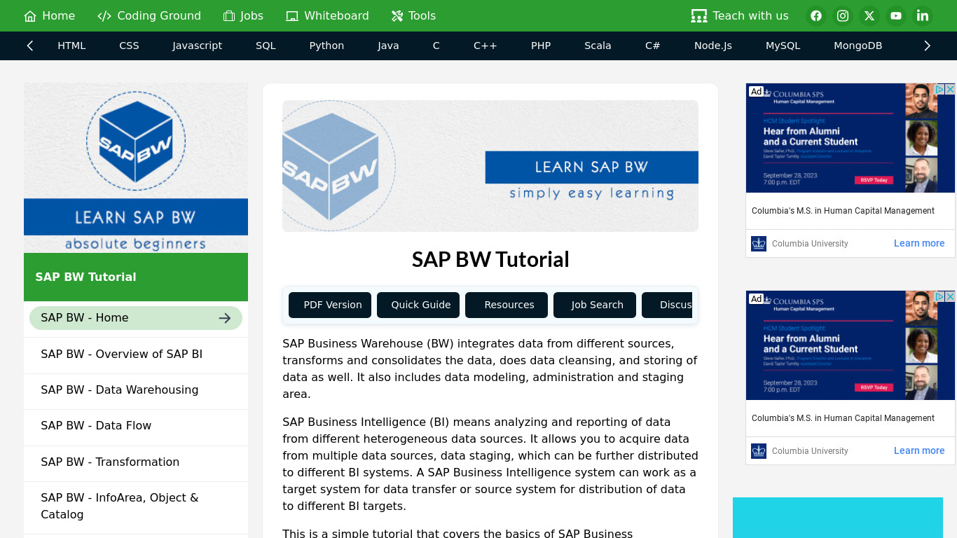 SAP BW Landing page