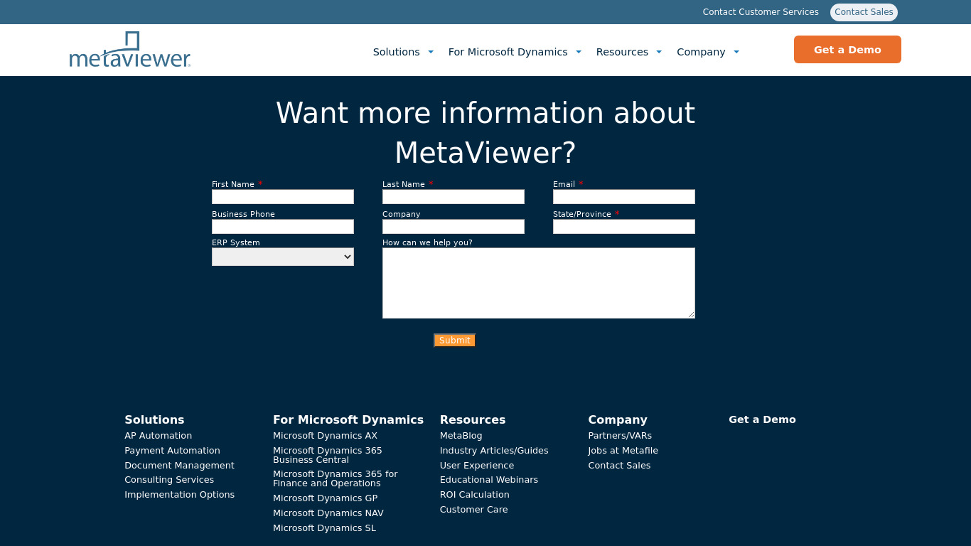 MetaViewer Landing page