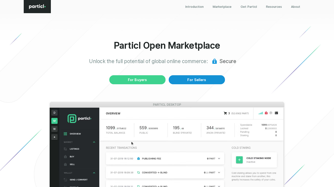 Particl Marketplace Landing page