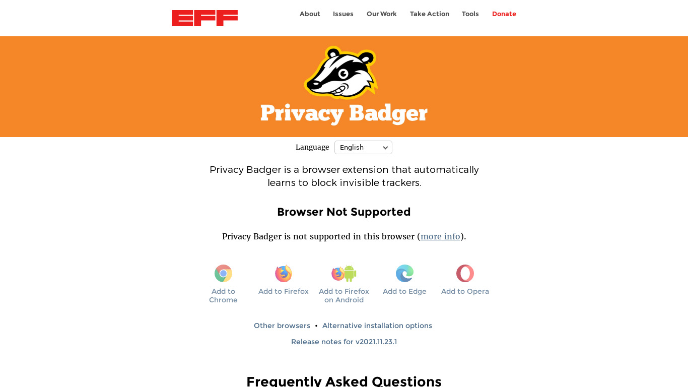 Privacy Badger Landing page