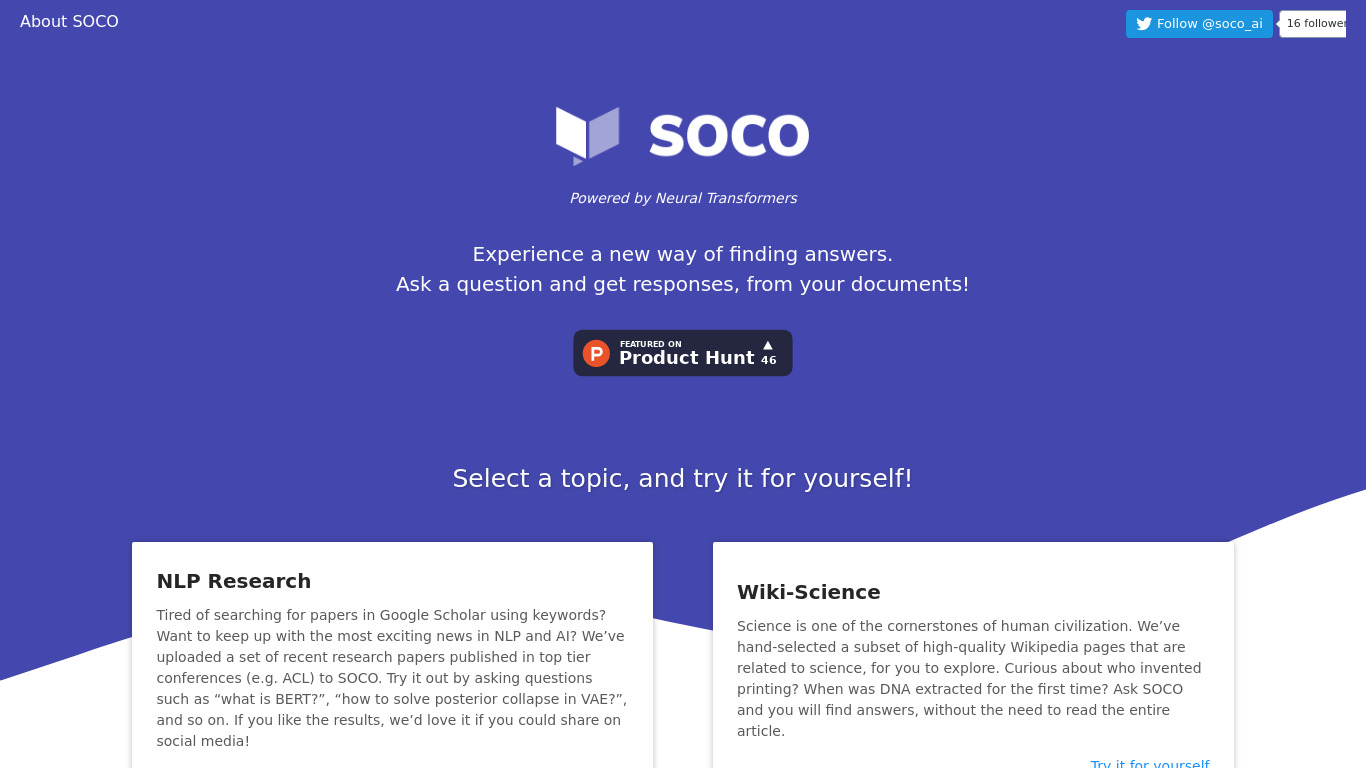 Ask SOCO AI Landing page