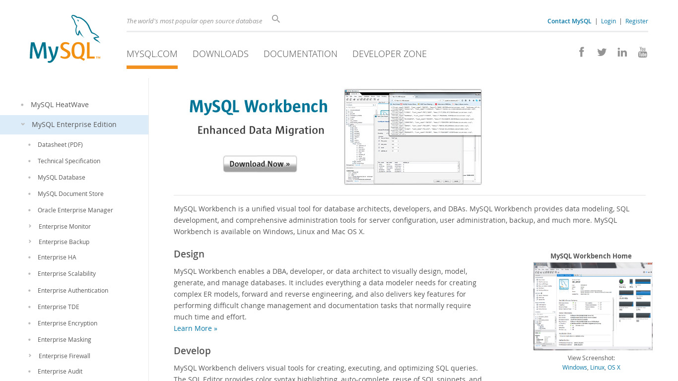 MySQL Workbench Landing page