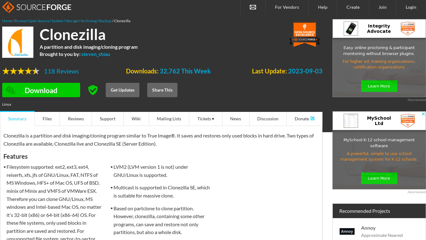 Clonezilla Landing page