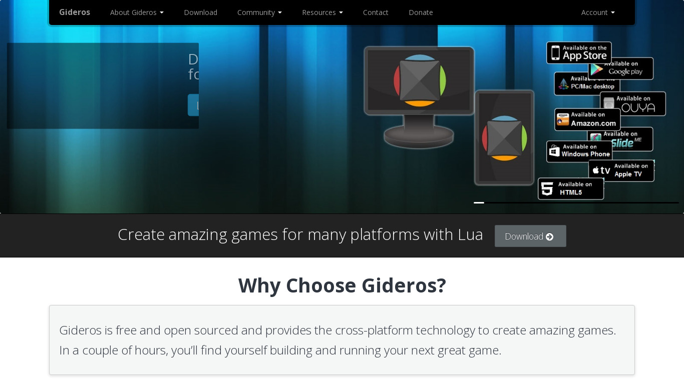 Gideros Landing page